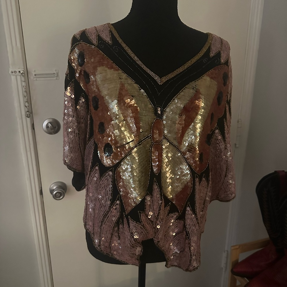 Vintage Iconic Glamour Sequin/Silk Butterfly Top in Pink and Gold
